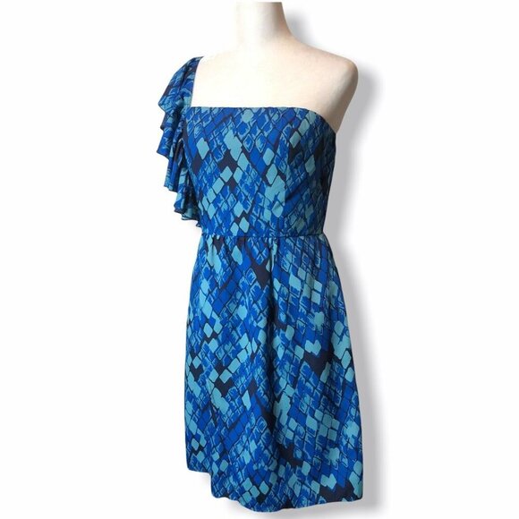 GIANNI BINI - Size 4 Blue Carmella Diamond Print One Shoulder Ruffle Dress - Picture 8 of 12